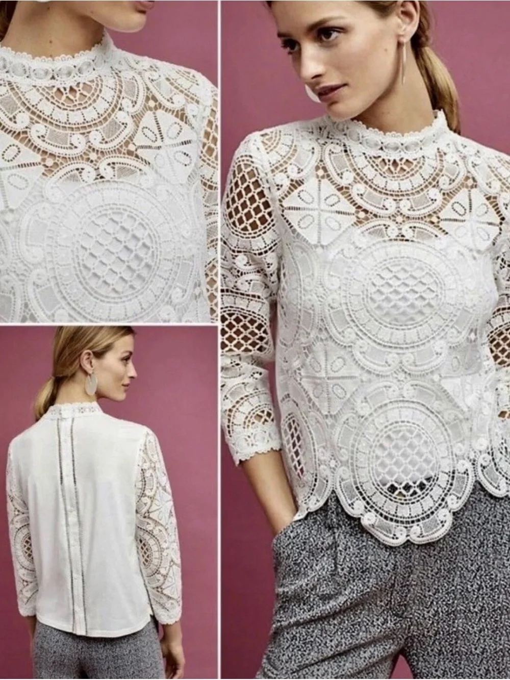 Anthropologie White Circular Lace High-Neck Blouse
